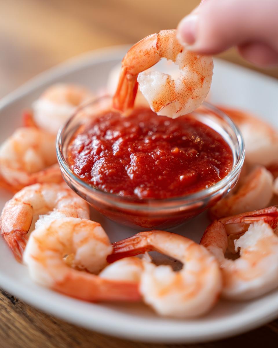 A hand dips a cooked shrimp into a small glass bowl of bright red cocktail sauce, surrounded by more shrimp.