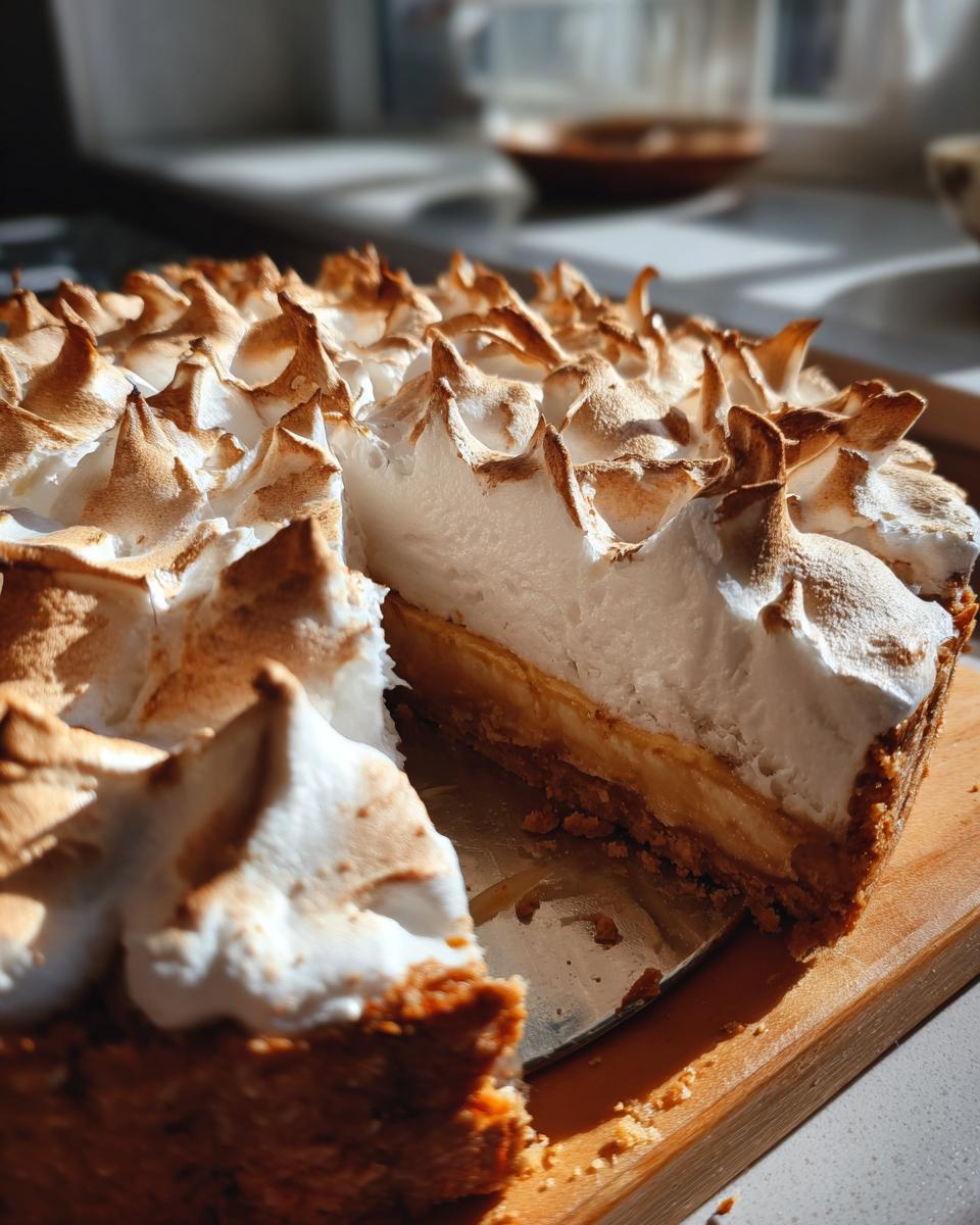 A slice removed from a rich butterscotch pie topped with dramatic, toasted meringue peaks.