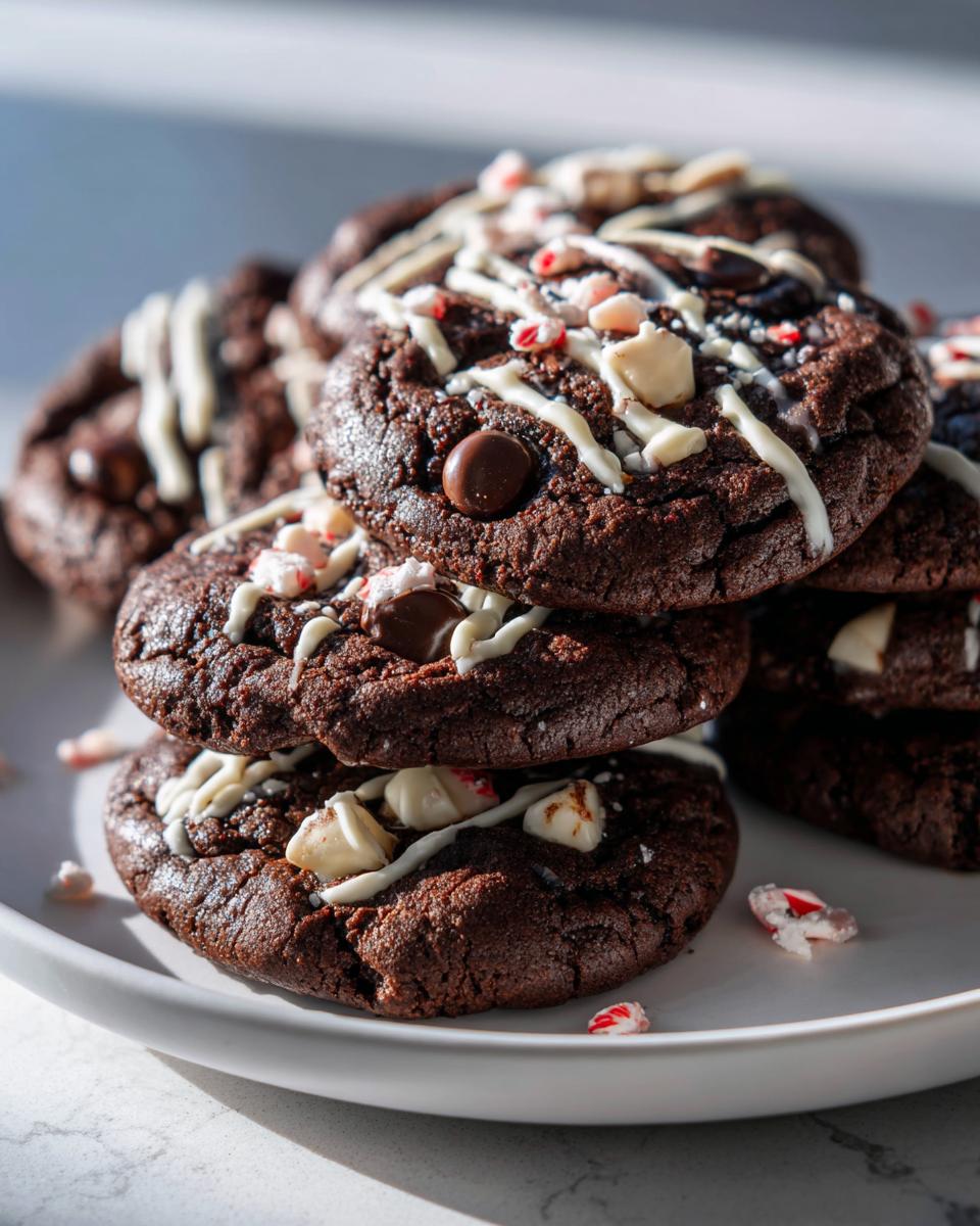 A stack of fudgy double chocolate peppermint cookies drizzled with white chocolate and topped with peppermint pieces.