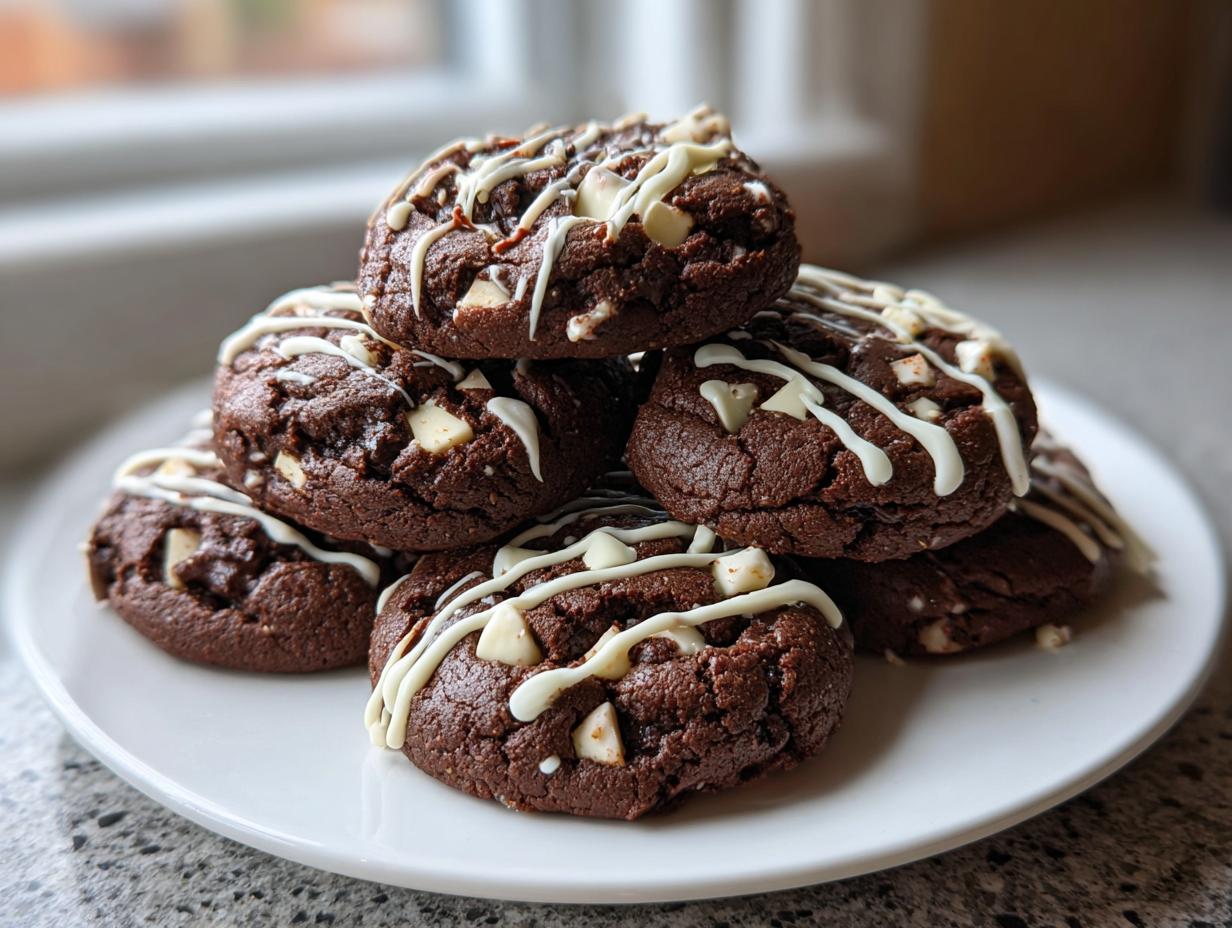 A stack of fudgy double chocolate peppermint cookies topped with white chocolate chips and a white icing drizzle.