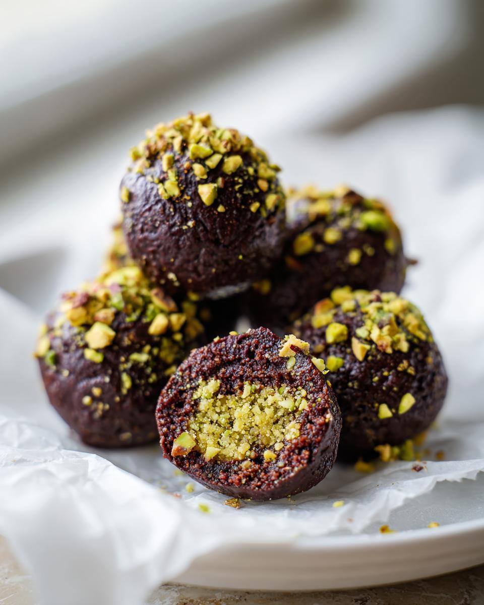 A stack of rich, dark Dubai chocolate balls rolled in chopped pistachios, with one cut in half showing a bright green pistachio filling.