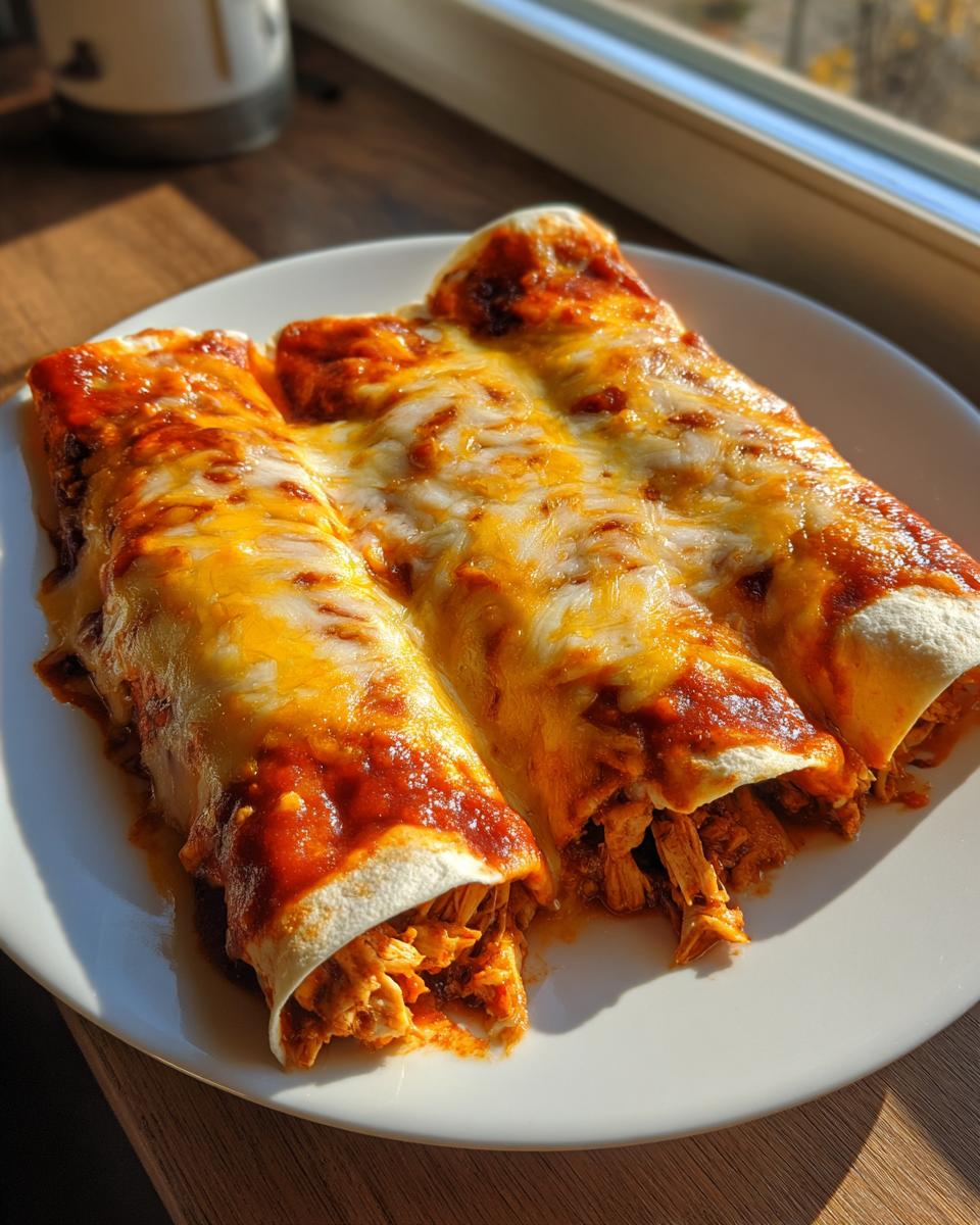 Three baked easy chicken enchiladas covered in melted cheese and red sauce, served on a white plate.