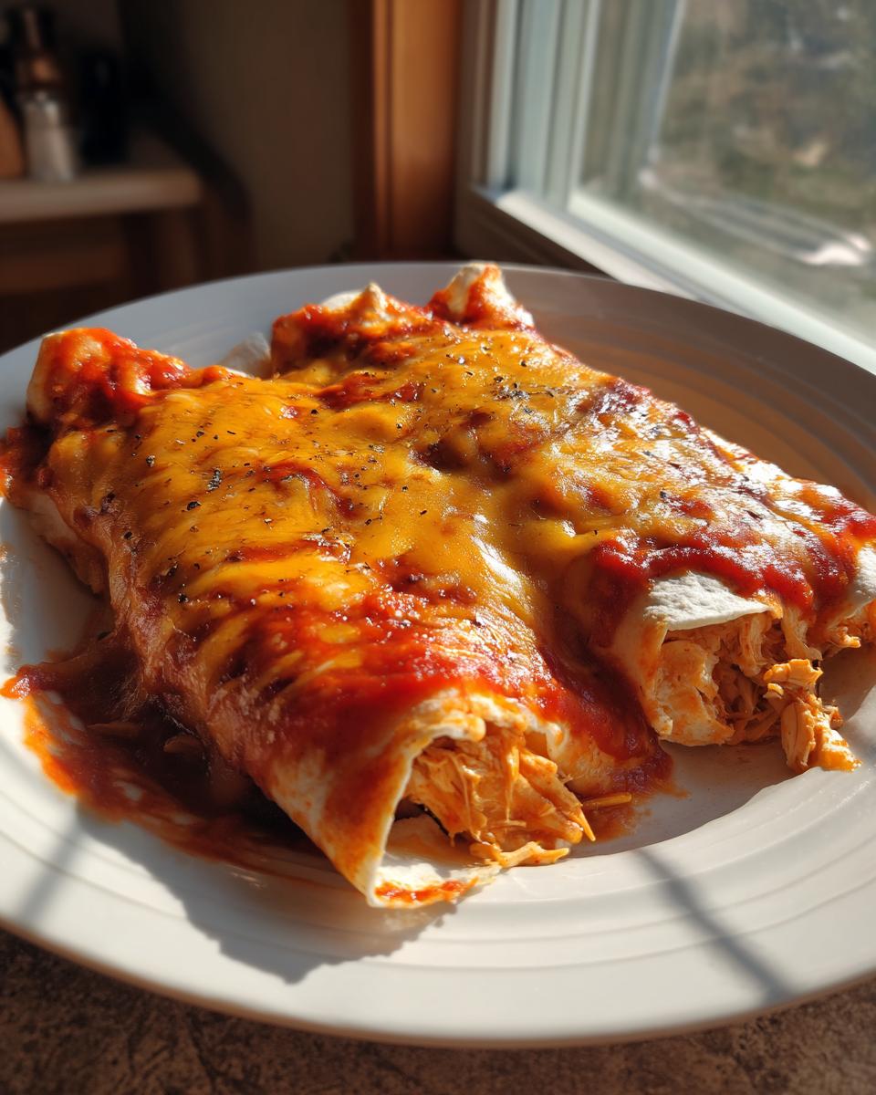 Two delicious easy chicken enchiladas covered in red sauce and melted cheddar cheese, served on a white plate.