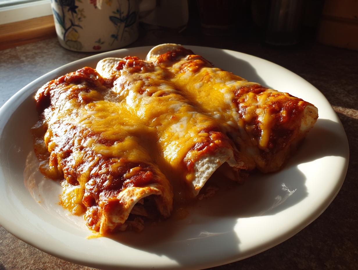 Three easy chicken enchiladas covered in red sauce and melted cheddar cheese on a white plate.