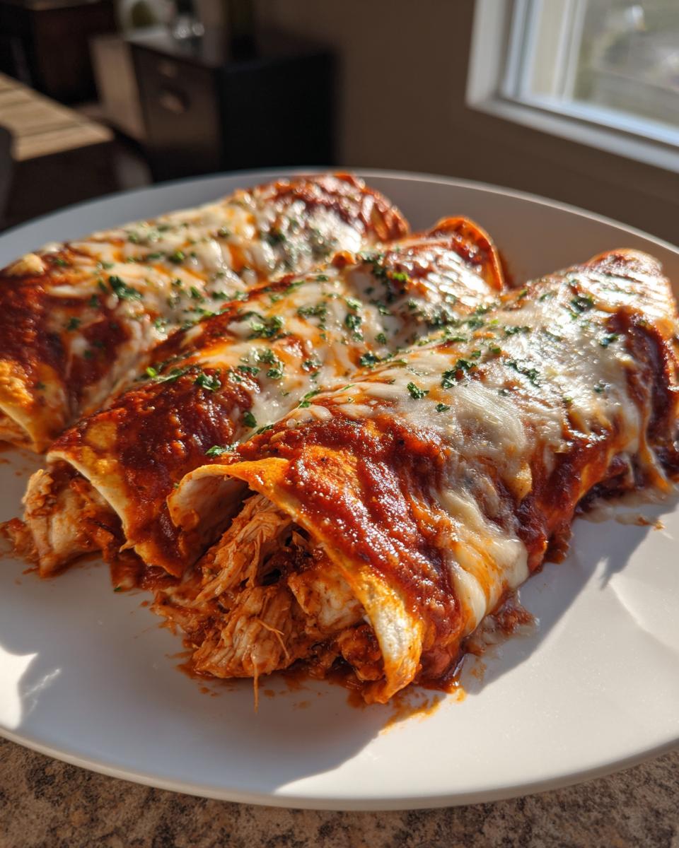 Three delicious easy chicken enchiladas covered in red sauce and melted white cheese, garnished with parsley.