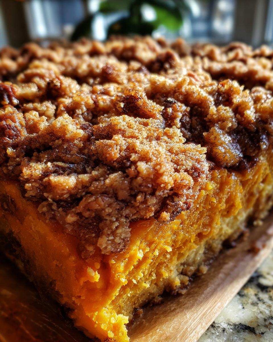 A close-up shot of a rich, orange slice of easy sweet potato casserole topped with a thick, brown, crumbly streusel topping.