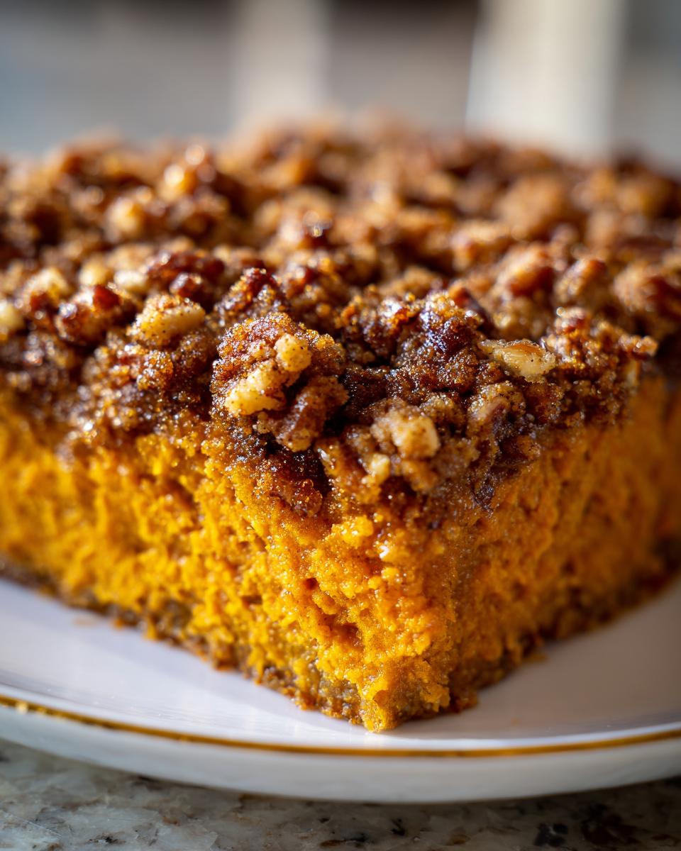 A close-up of a square slice of vibrant orange easy sweet potato casserole topped with a crunchy brown sugar and pecan streusel.