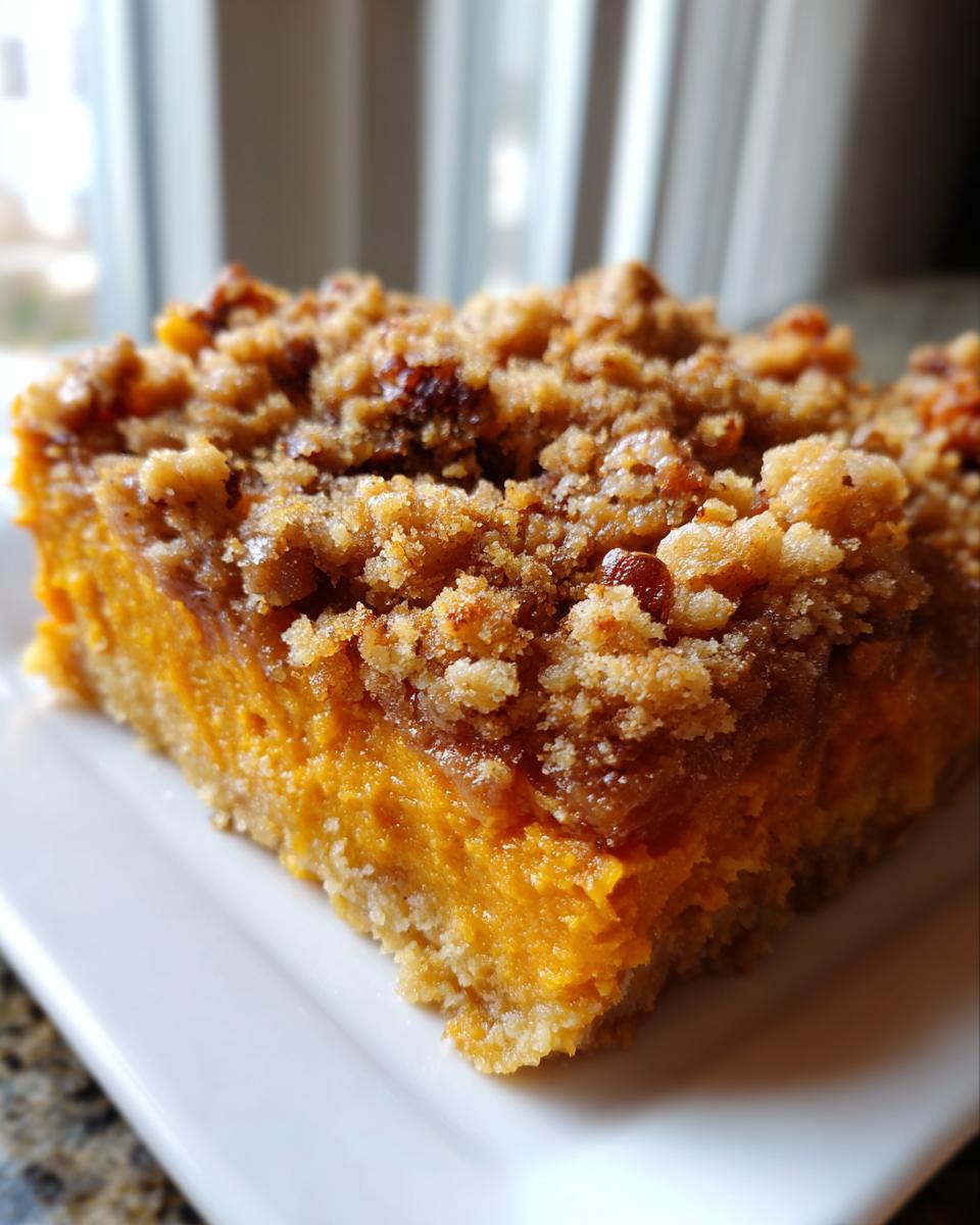 Close-up of a square slice of easy sweet potato casserole with a thick, crunchy pecan crumble topping.
