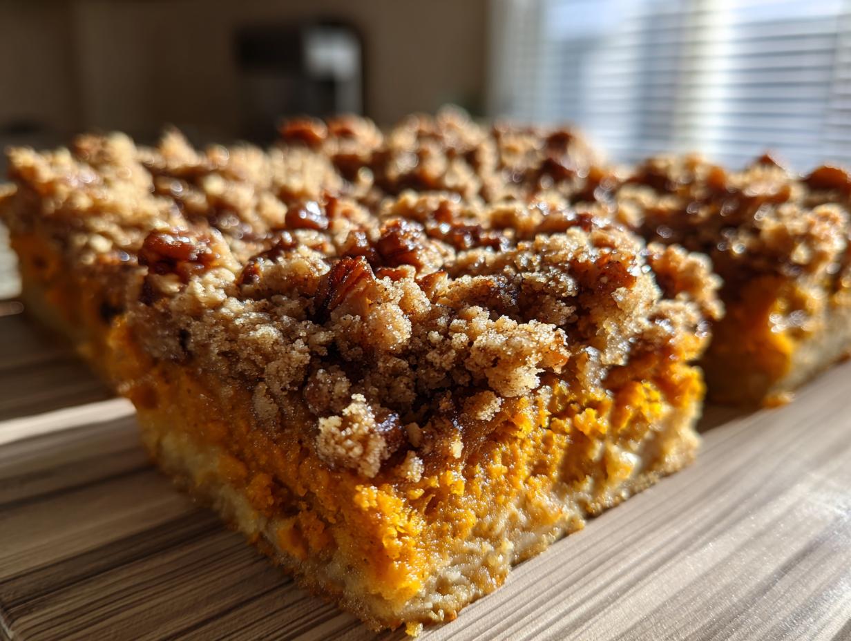 Close-up of a slice of easy sweet potato casserole featuring a bright orange filling and a thick, crunchy pecan crumble topping.