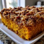 Close-up of a square slice of easy sweet potato casserole featuring a vibrant orange base and a thick, crunchy pecan streusel topping.