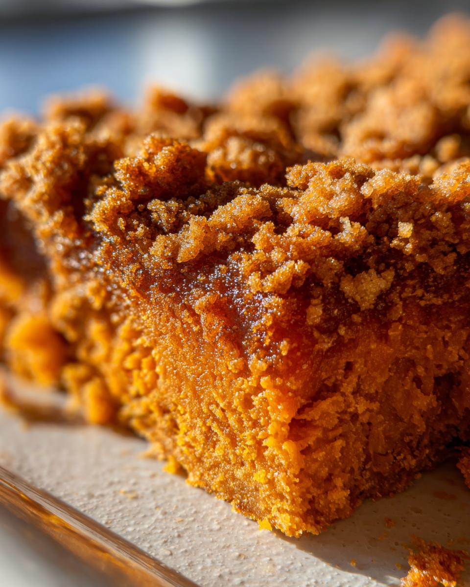 Macro shot of a slice of easy sweet potato casserole showing the moist orange interior and crunchy brown sugar streusel topping.