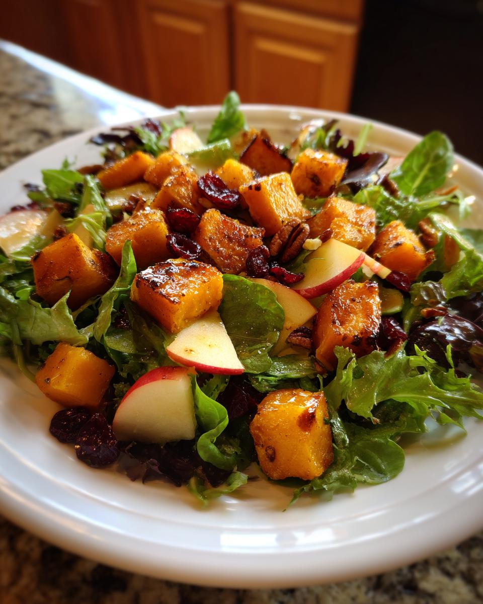 Close-up of a vibrant fall harvest salad featuring roasted butternut squash cubes, apple slices, pecans, and dried cranberries on mixed greens.