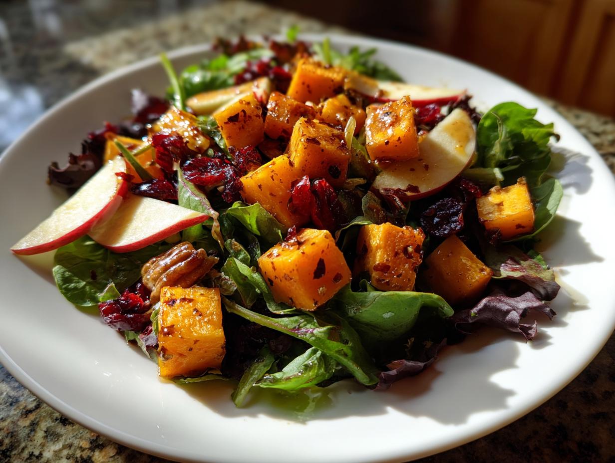 Close-up of a vibrant fall harvest salad featuring roasted butternut squash, apple slices, pecans, and dried cranberries on mixed greens.