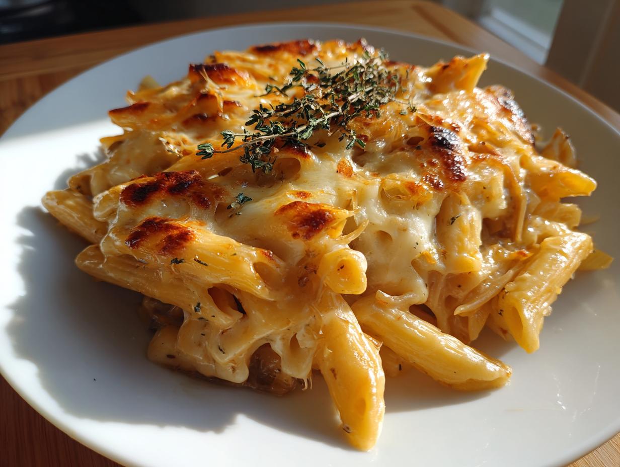 Close-up of a serving of creamy french onion pasta topped with bubbly, browned cheese and fresh thyme.