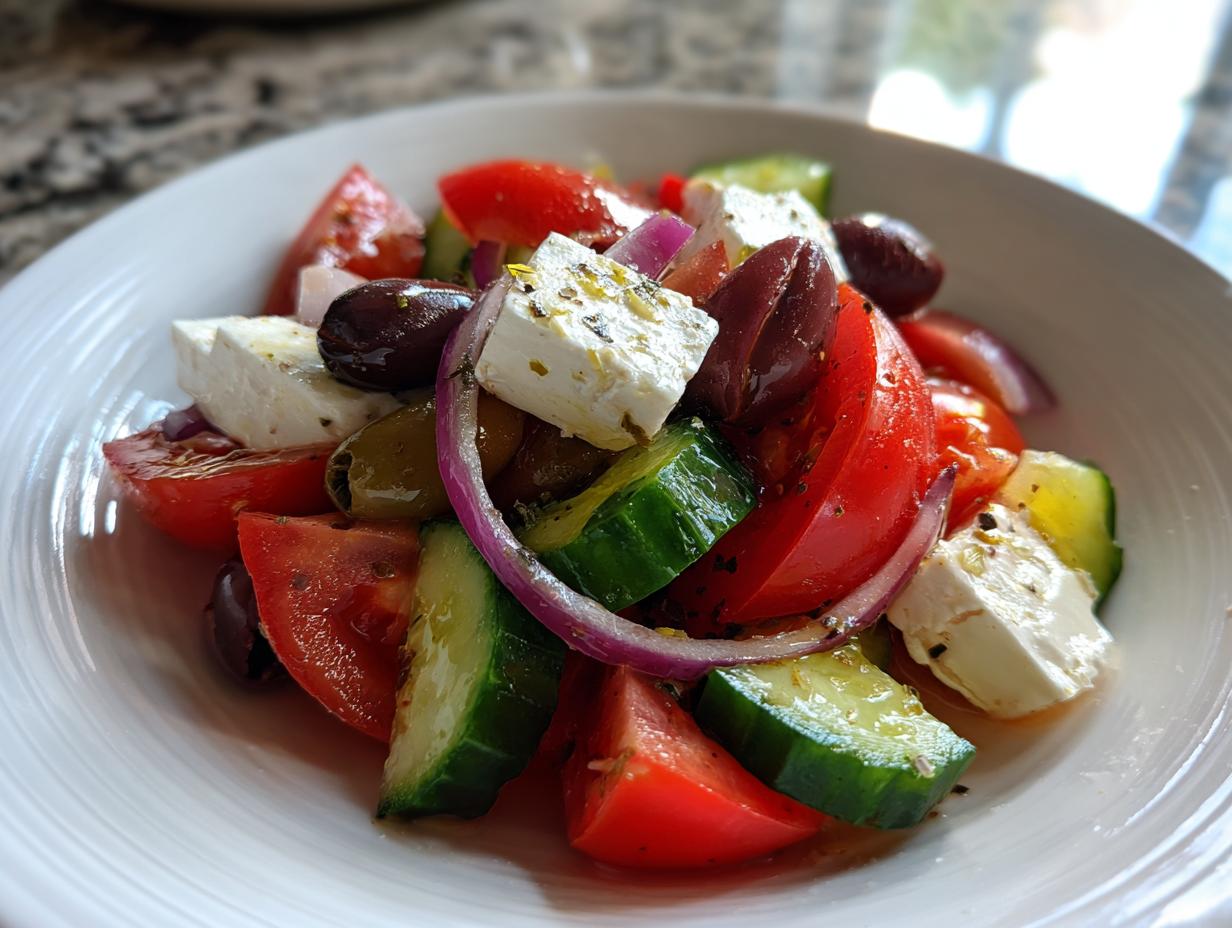 A close-up view of a vibrant greek salad featuring chunky tomatoes, cucumbers, red onion, Kalamata olives, and large cubes of feta cheese.