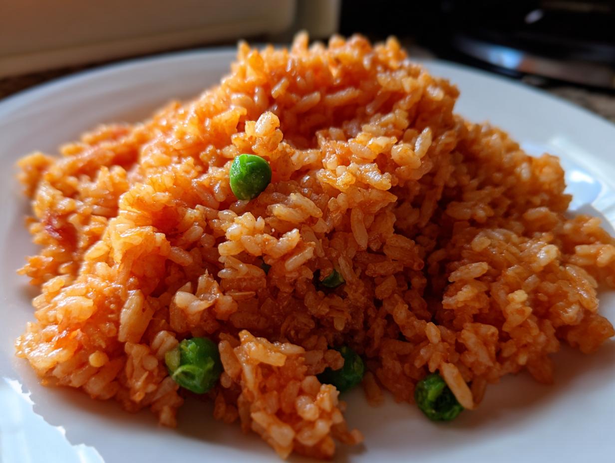 A close-up, featured image of a mound of bright orange, fluffy spanish rice mixed with a few bright green peas, served on a white plate.