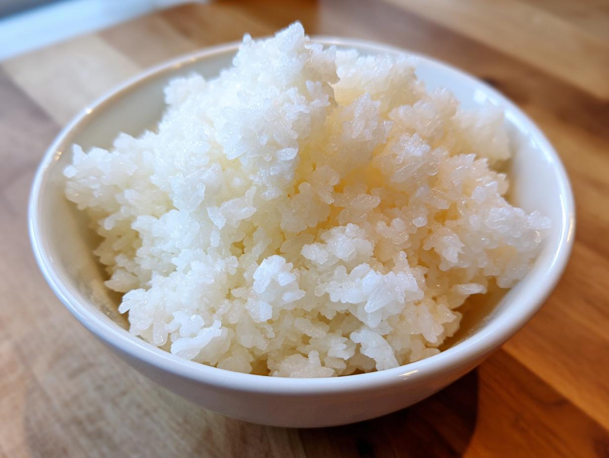 Close-up of perfectly seasoned and fluffy sushi rice piled high in a small white bowl.