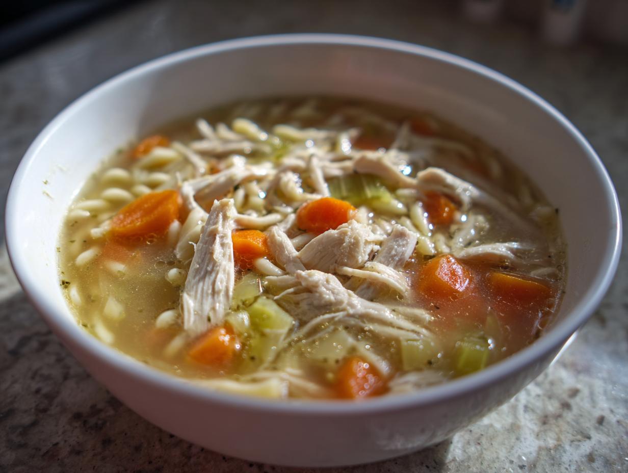 Close-up of a steaming white bowl filled with homemade turkey soup, featuring shredded turkey, carrots, celery, and egg noodles.