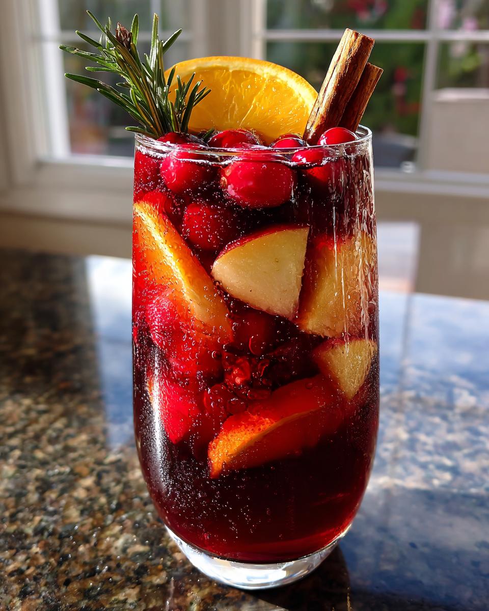 Close-up of a glass filled with festive christmas sangria, loaded with cranberries, apple slices, and orange, garnished with rosemary and cinnamon sticks.