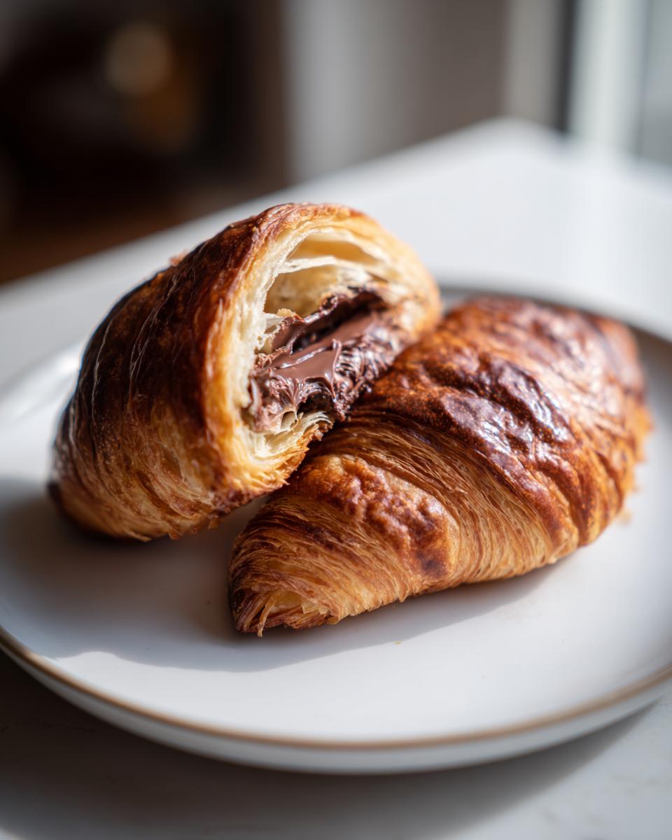 A flaky, golden-brown chocolate croissant cut in half to reveal a rich, melted chocolate filling inside.