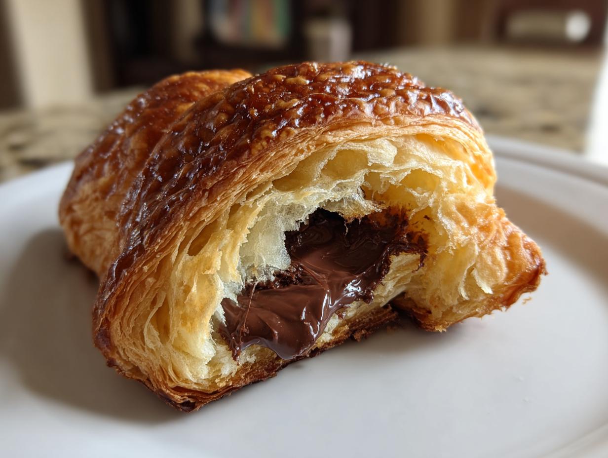 Close-up of a flaky, golden-brown chocolate croissant cut open to show melted chocolate filling.