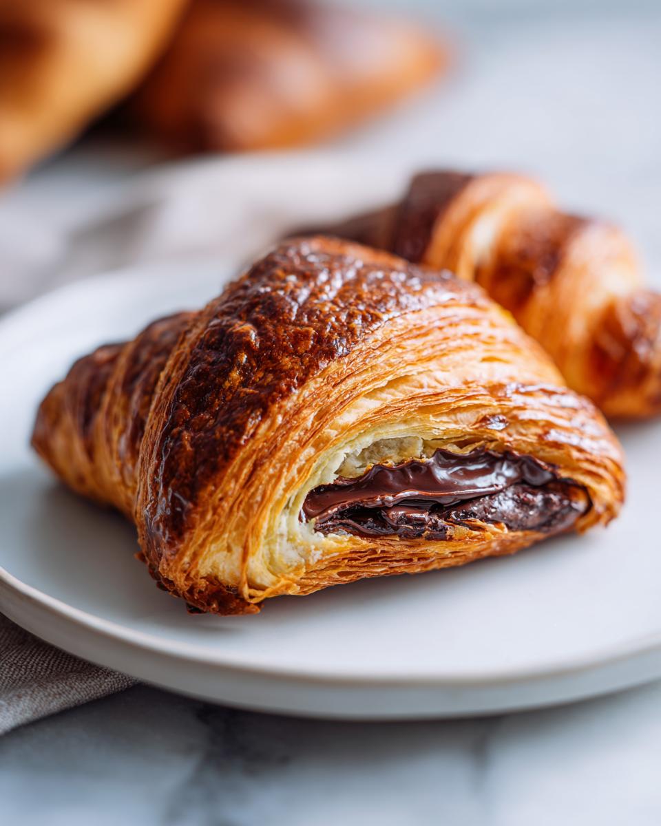 Close-up of a golden brown chocolate croissant sliced open to show melted dark chocolate filling.