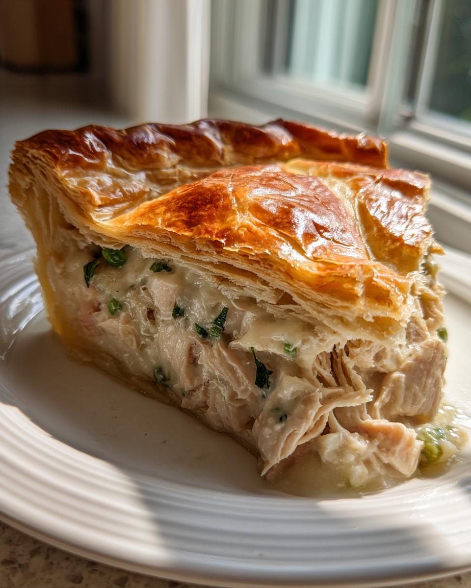 A close-up slice of turkey pot pie recipe showing flaky golden crust and rich, creamy filling with shredded turkey.