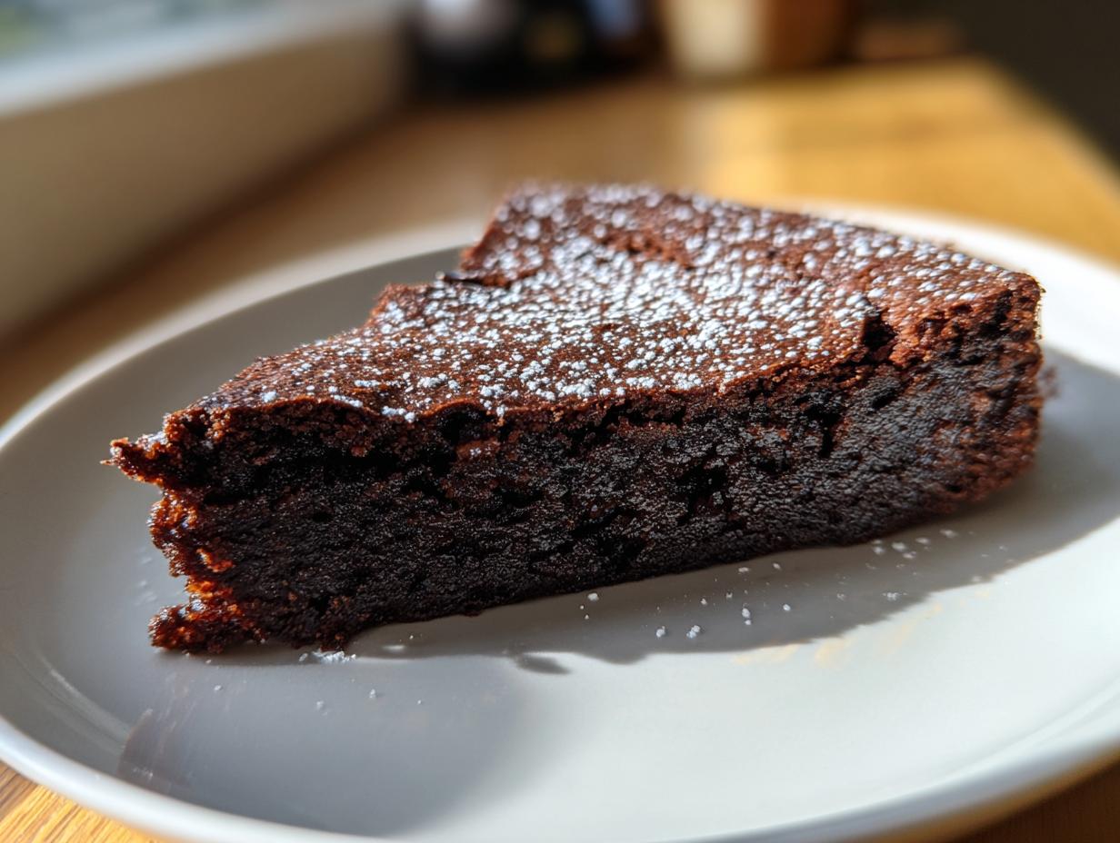 A close-up of a dense, dark slice of flourless chocolate cake dusted with powdered sugar on a light plate.