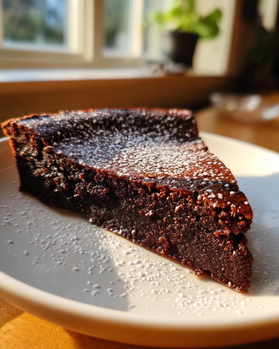 A triangular slice of dense, dark flourless chocolate cake dusted with powdered sugar, sitting on a white plate near a sunny window.