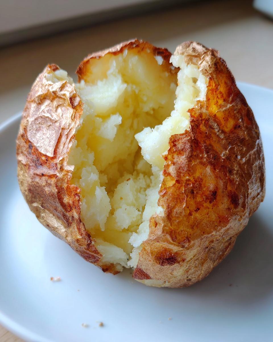 Close-up of a perfectly cooked air fryer baked potato split open to show the fluffy, steaming interior and crispy skin.