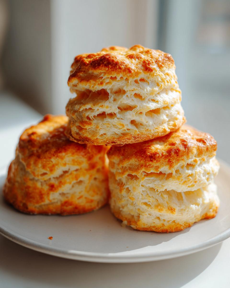 Three tall, flaky, golden brown scones stacked on a white plate, highlighting their layered texture.