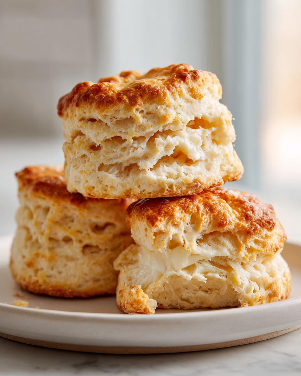 A stack of three fluffy, golden-brown scones showing their flaky layers, served on a light plate.