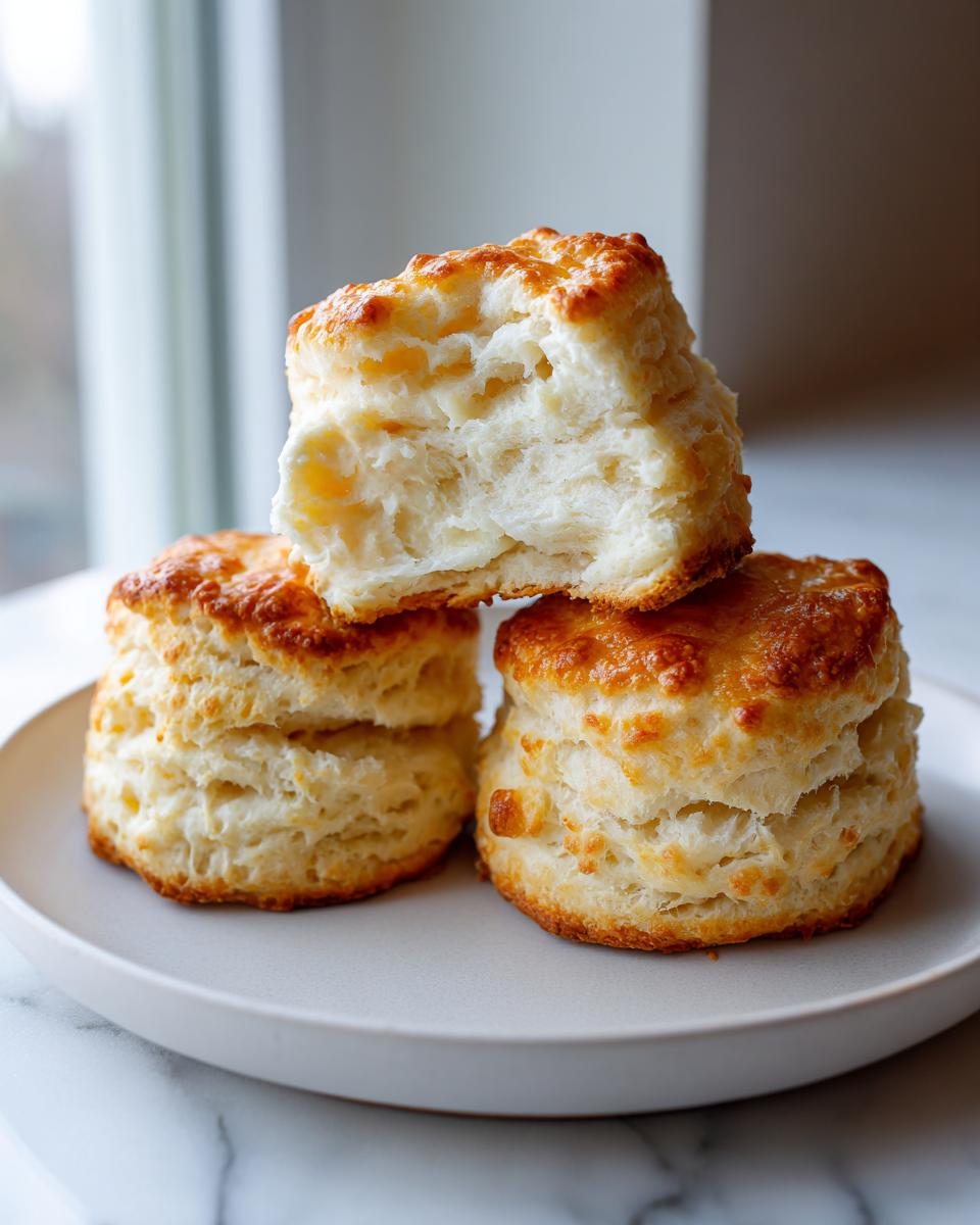 Three tall, flaky, golden-brown homemade scones stacked on a plate, showing the fluffy interior layers.