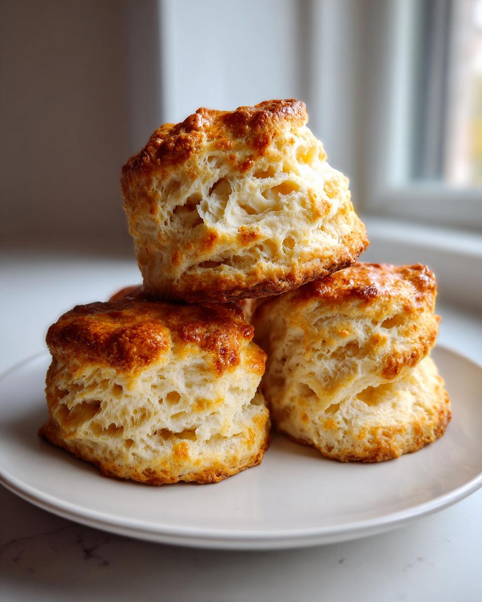 A stack of three tall, fluffy, golden brown scones showing flaky layers on a white plate.
