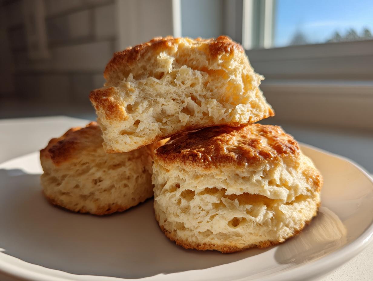 Three fluffy, golden-brown scones stacked on a white plate, showing their flaky interior texture.