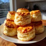 A stack of tall, flaky, golden-brown buttermilk biscuits piled high on a white plate.