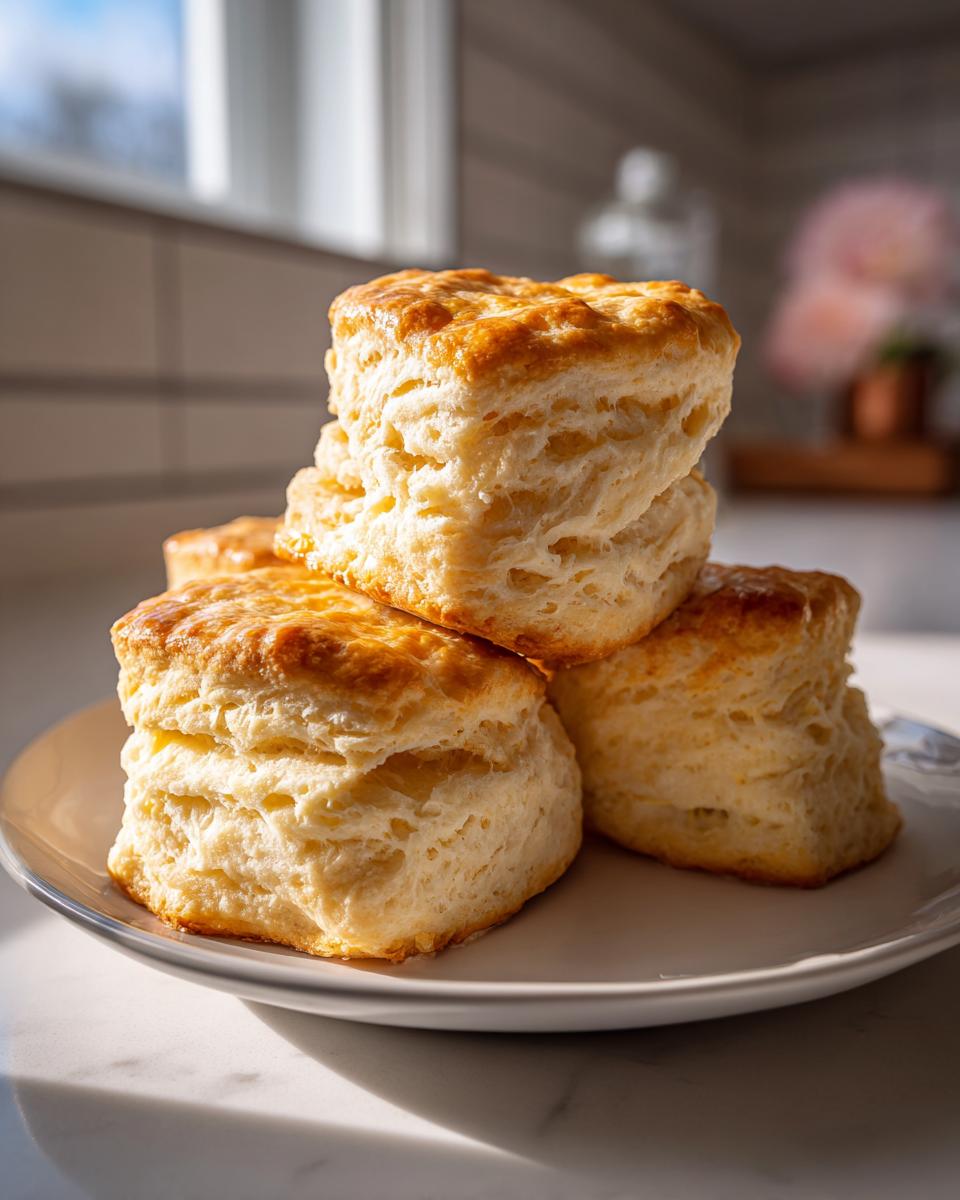 A close-up stack of four tall, golden-brown, flaky buttermilk biscuits resting on a white plate.