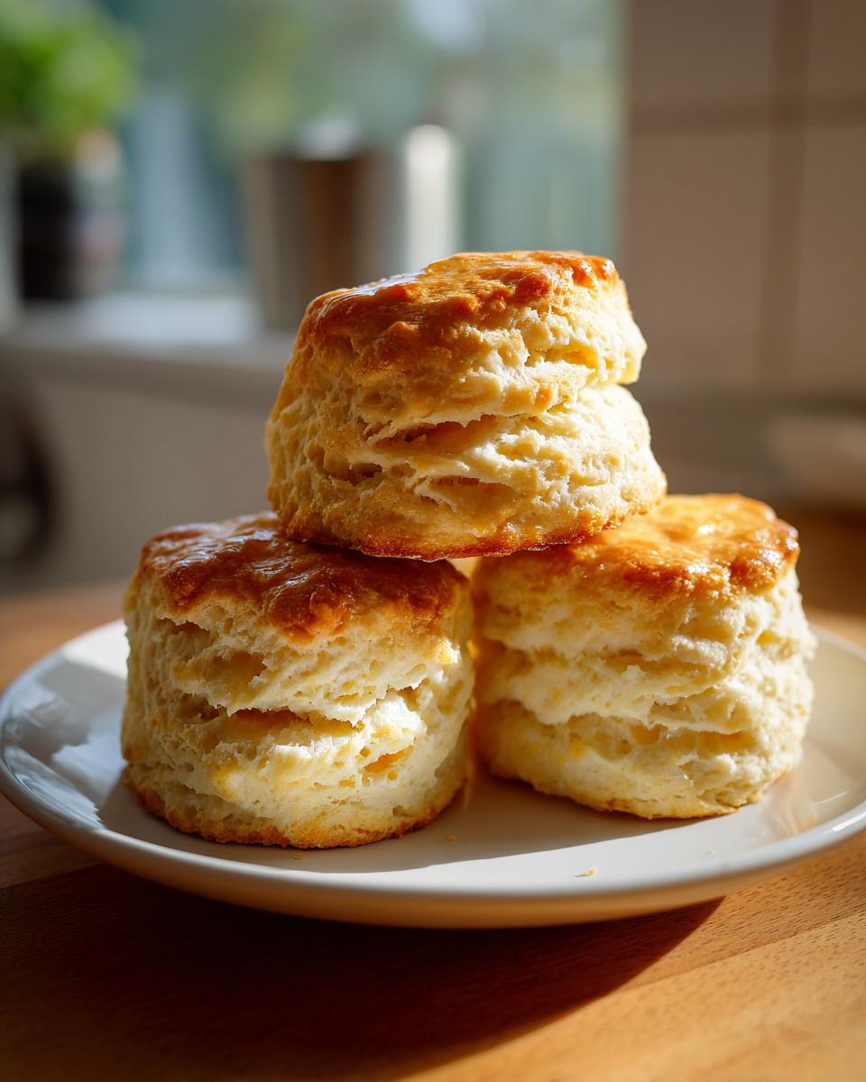 Three golden brown, flaky buttermilk biscuits stacked on a white plate, beautifully lit by sunlight.