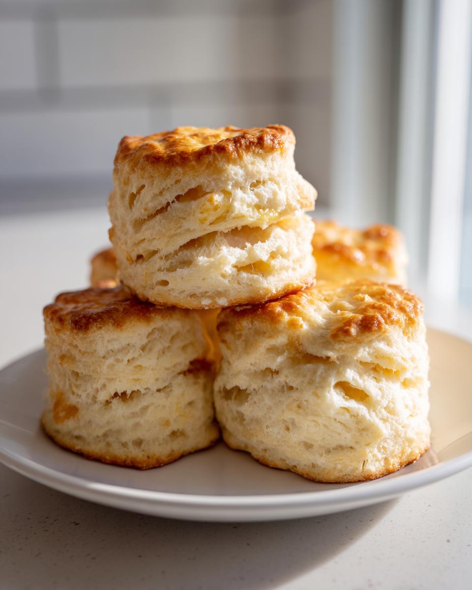 A stack of four golden-brown, flaky buttermilk biscuits piled high on a white plate.