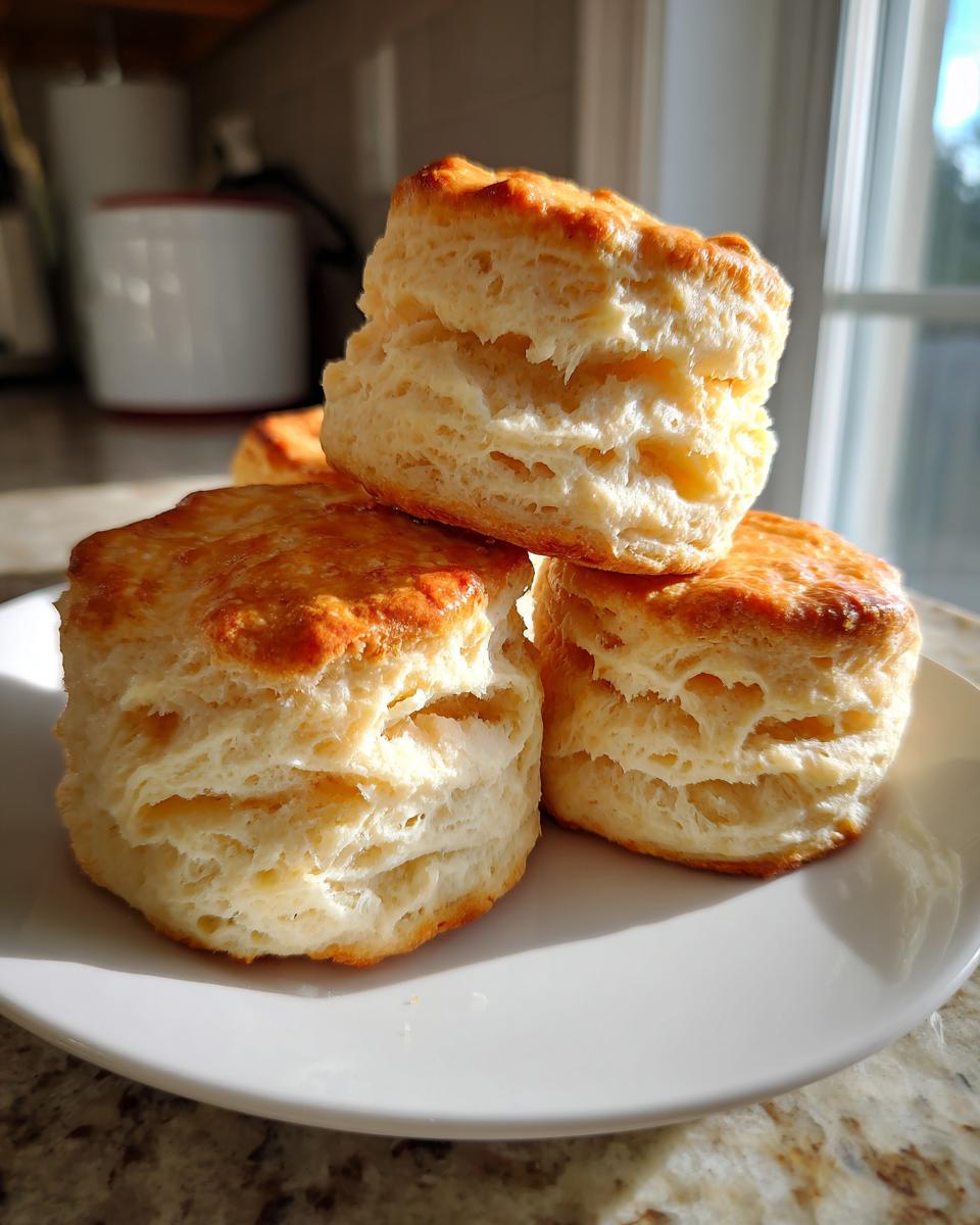 Three golden-brown, tall, and flaky buttermilk biscuits stacked on a white plate.