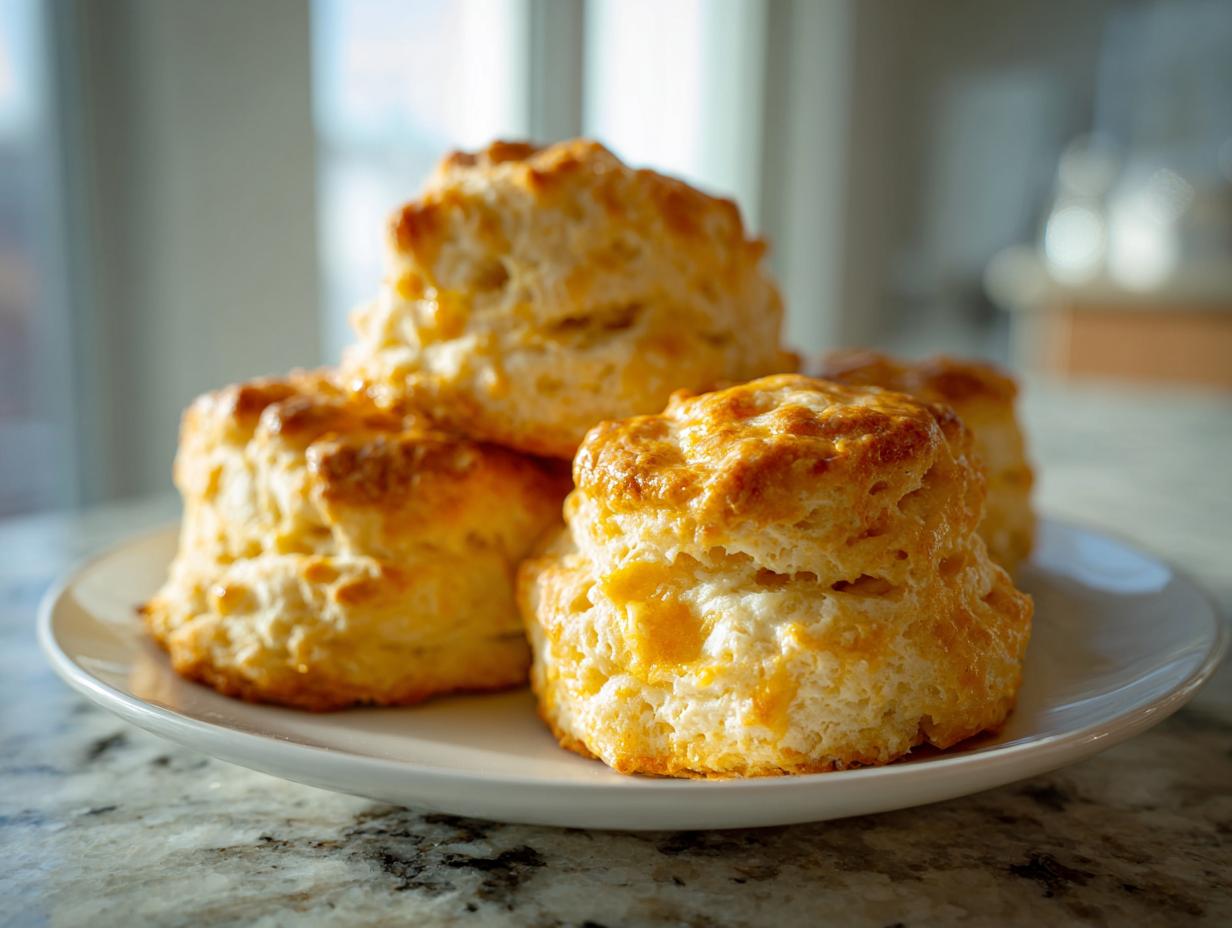 A stack of golden-brown, flaky buttermilk biscuits resting on a white plate on a granite countertop.
