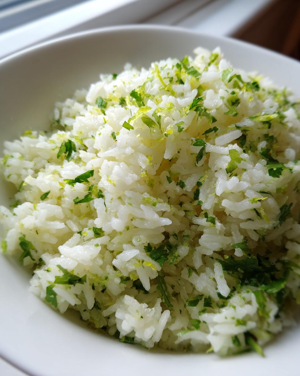 Close-up of fluffy white cilantro lime rice topped with chopped cilantro and bright green lime zest.