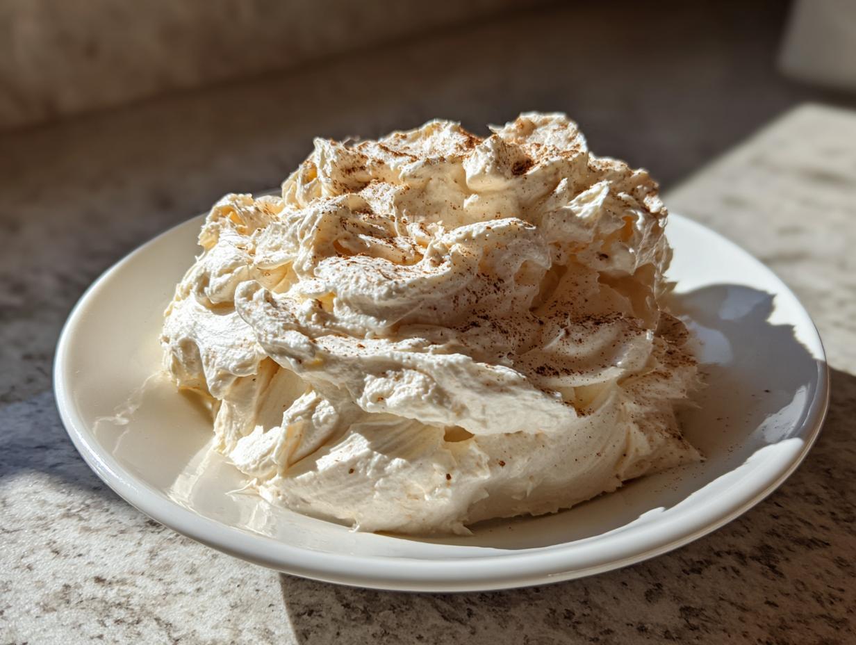 A generous serving of fluffy, homemade cinnamon butter, lightly dusted with ground cinnamon, served on a white plate.