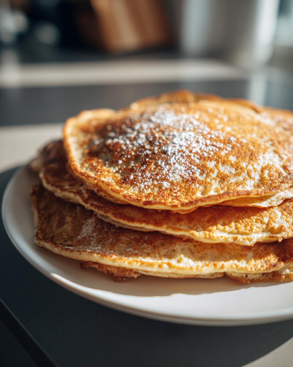 A close-up stack of three golden brown coconut flour pancakes dusted lightly with powdered sugar.