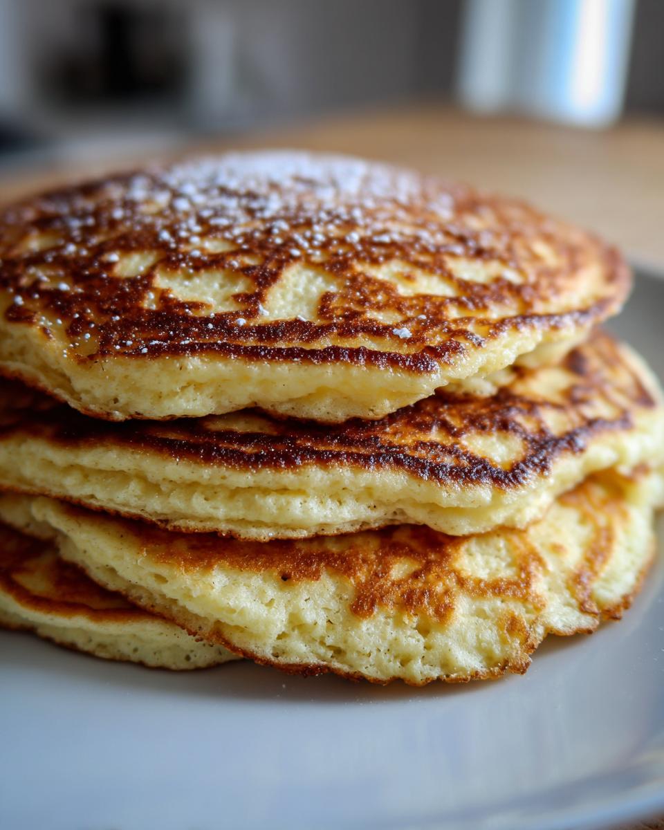 A close-up of a tall stack of fluffy coconut flour pancakes dusted lightly with powdered sugar.