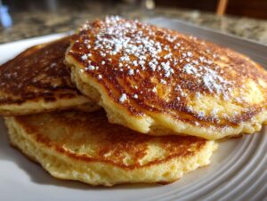Close-up of a stack of three fluffy coconut flour pancakes dusted with powdered sugar on a white plate.