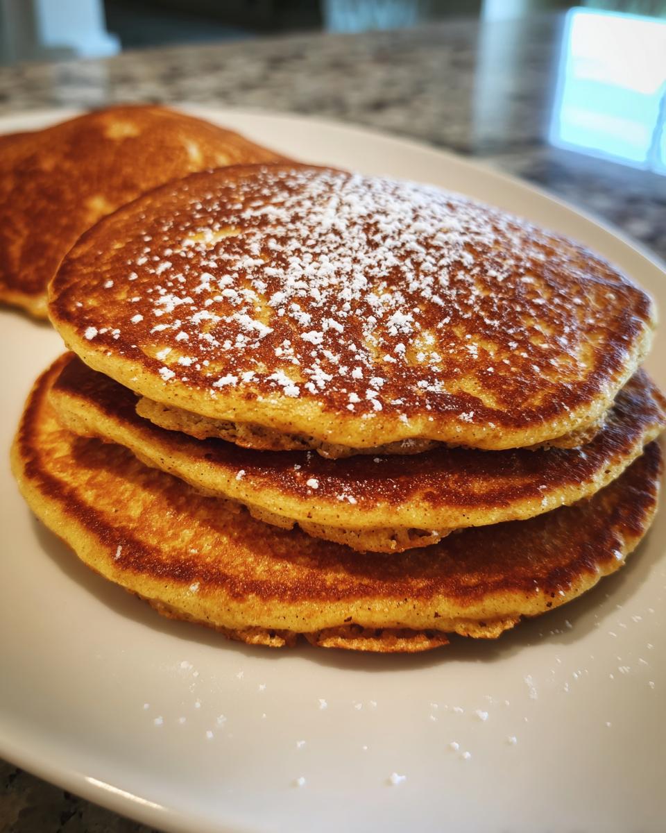 A close-up stack of three fluffy coconut flour pancakes dusted with powdered sugar on a white plate.