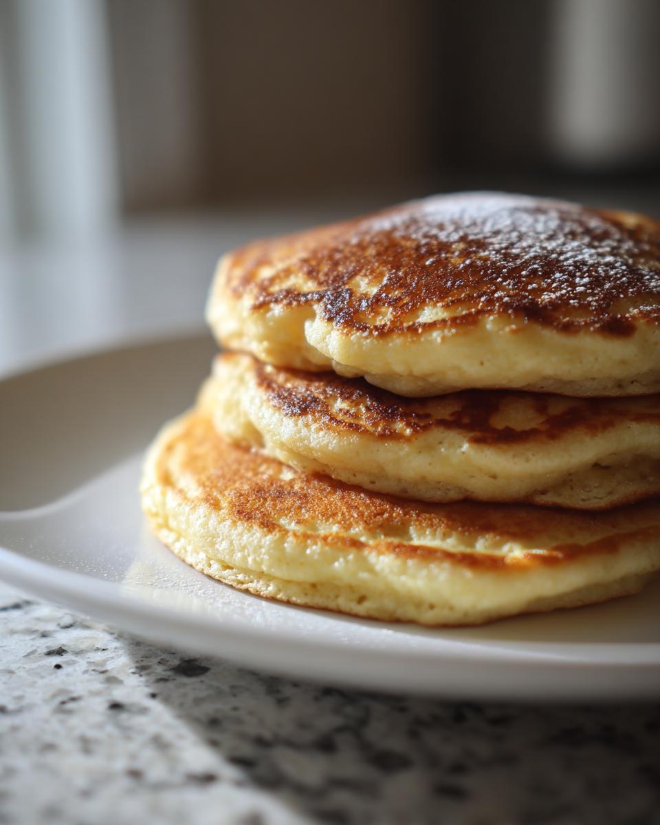 A close-up stack of three golden brown coconut flour pancakes dusted lightly with powdered sugar.