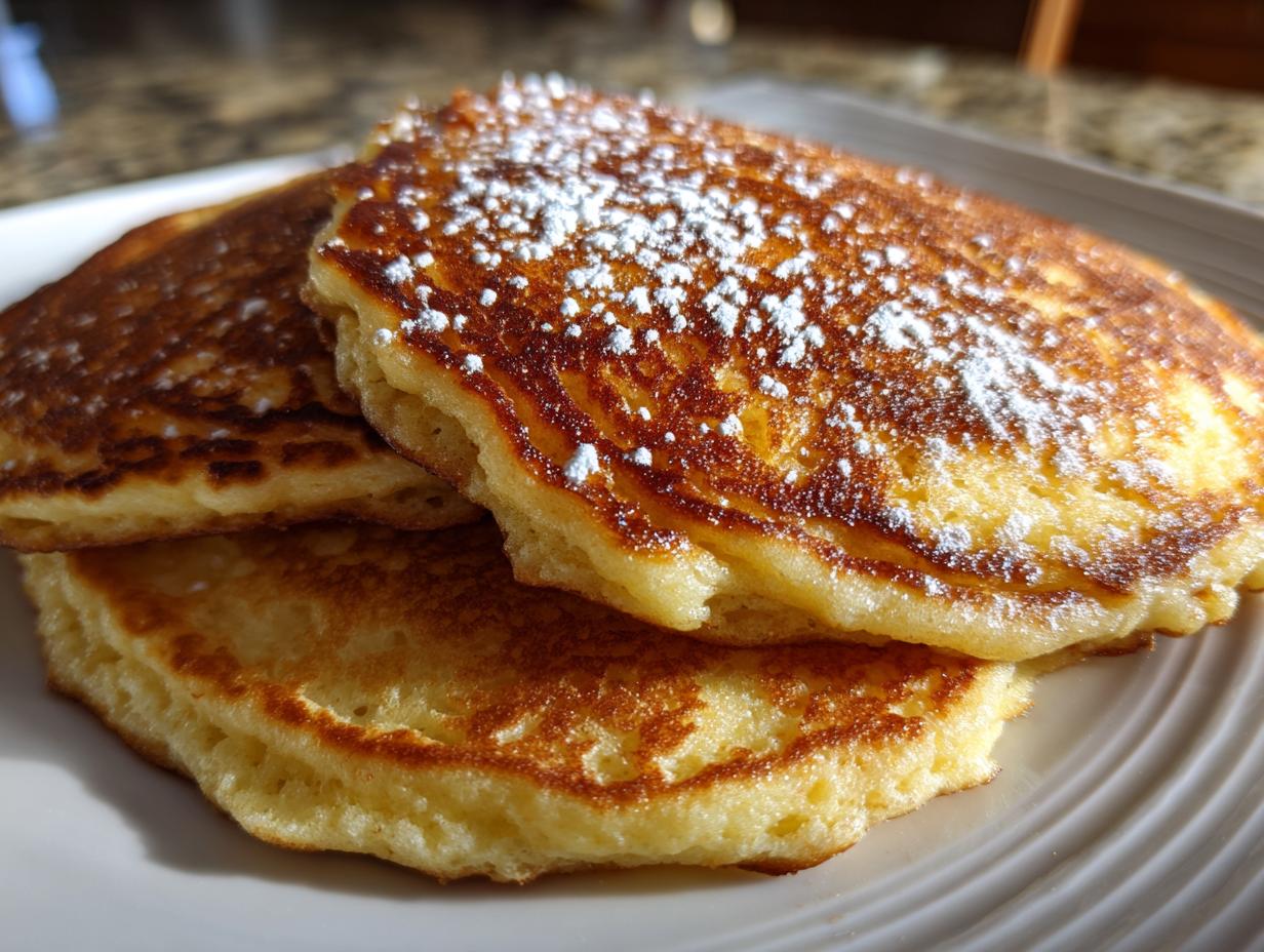 Close-up of a stack of three fluffy coconut flour pancakes dusted with powdered sugar on a white plate.