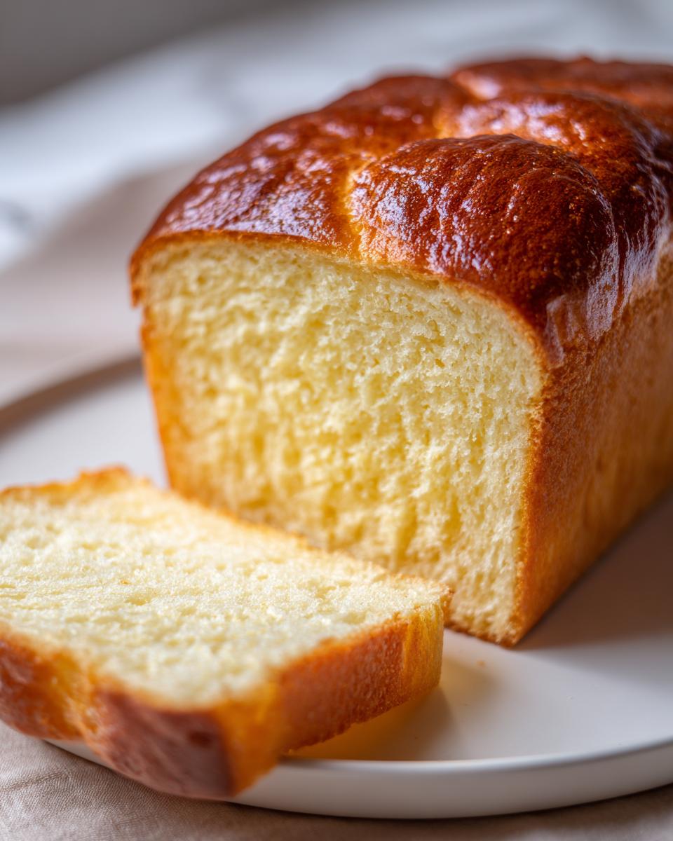 Close-up of a golden-brown loaf of soft condensed milk bread with one slice cut and resting beside it.